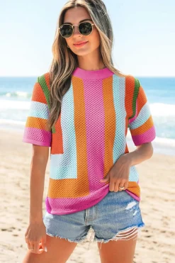 Clearance Dear-Lover Color Block Eyelet Casual Sweater T Shirt Orange