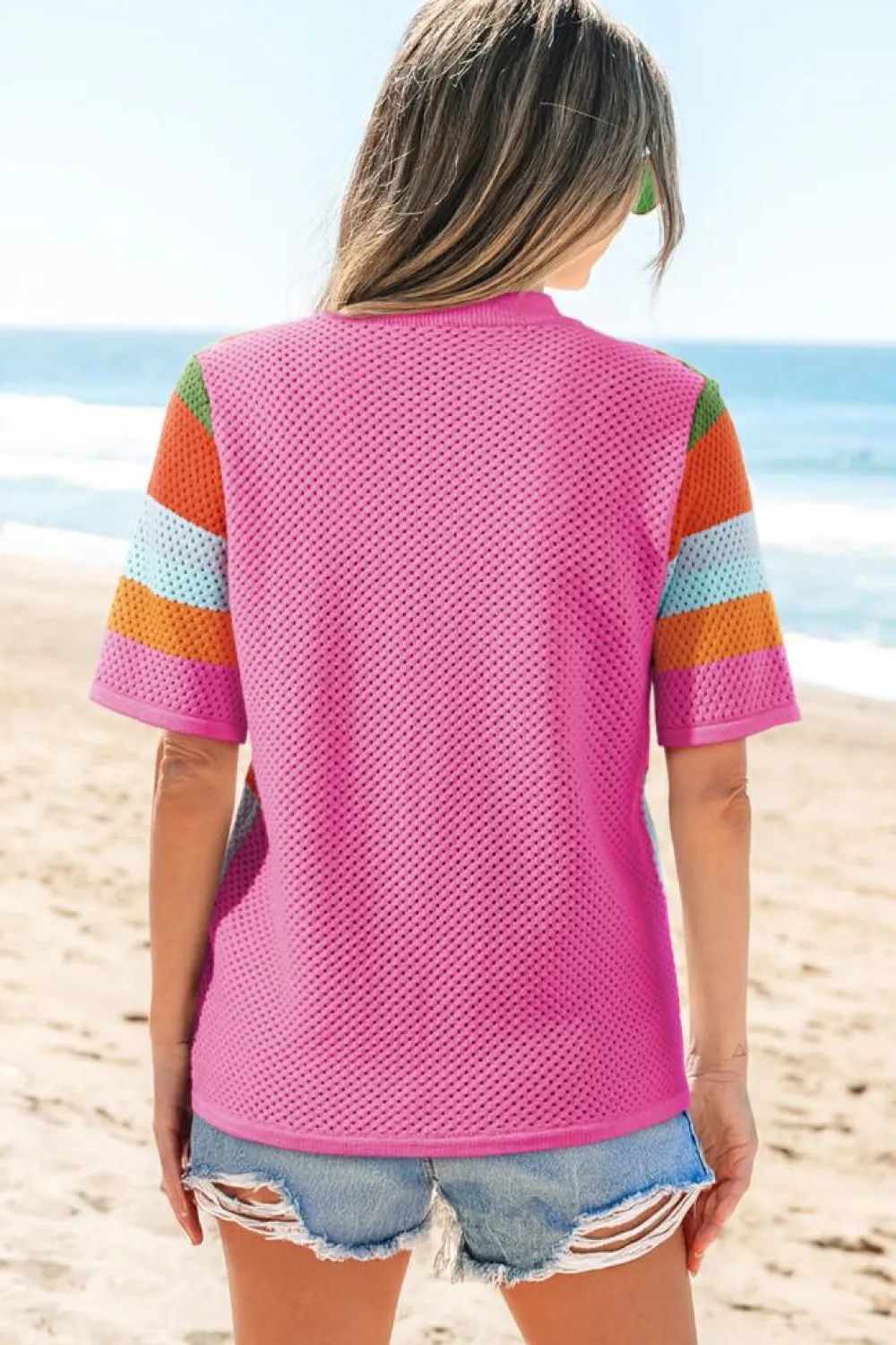 Clearance Dear-Lover Color Block Eyelet Casual Sweater T Shirt Orange