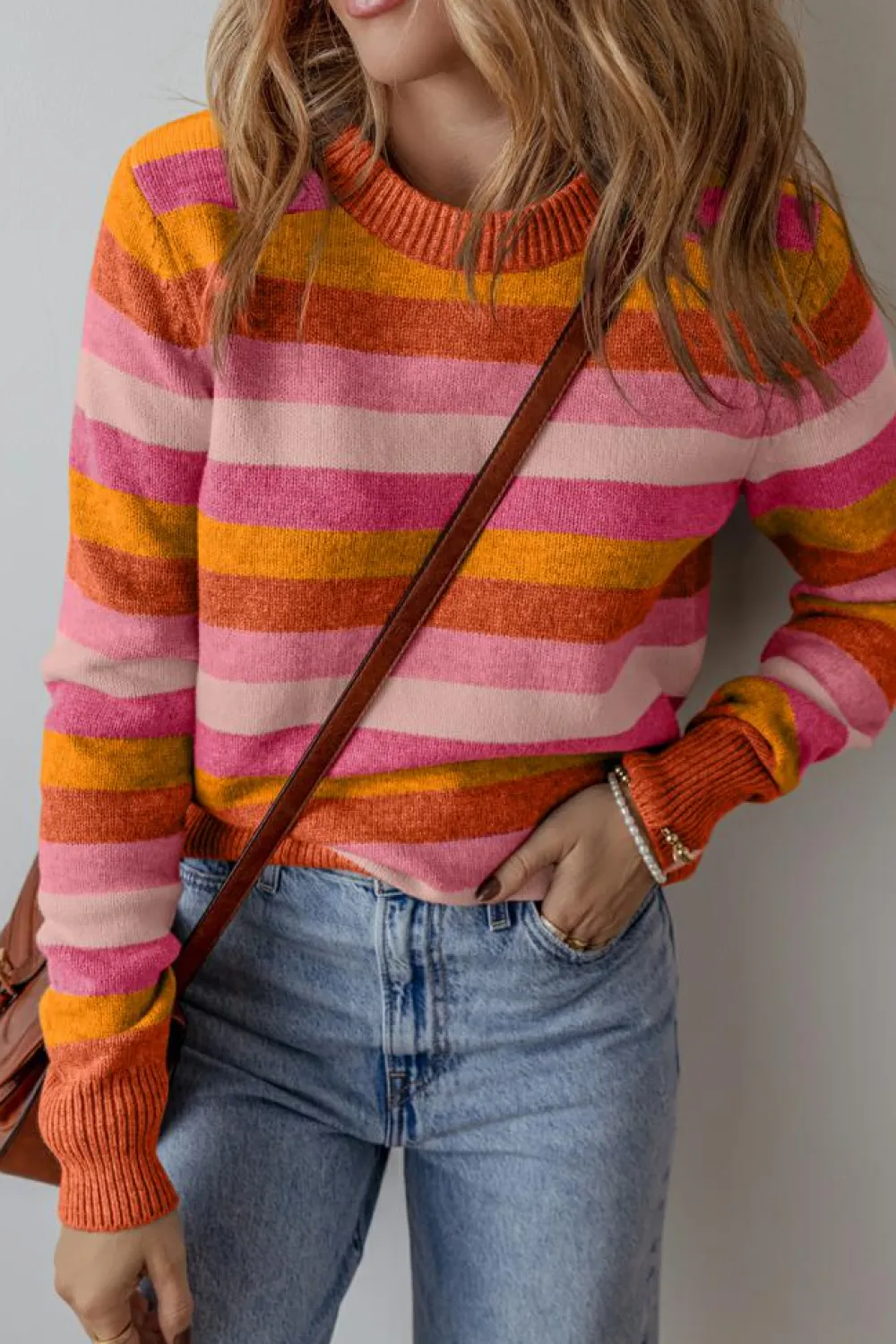 Hot Dear-Lover Color Block Ribbed Edge Round Neck Sweater Orange