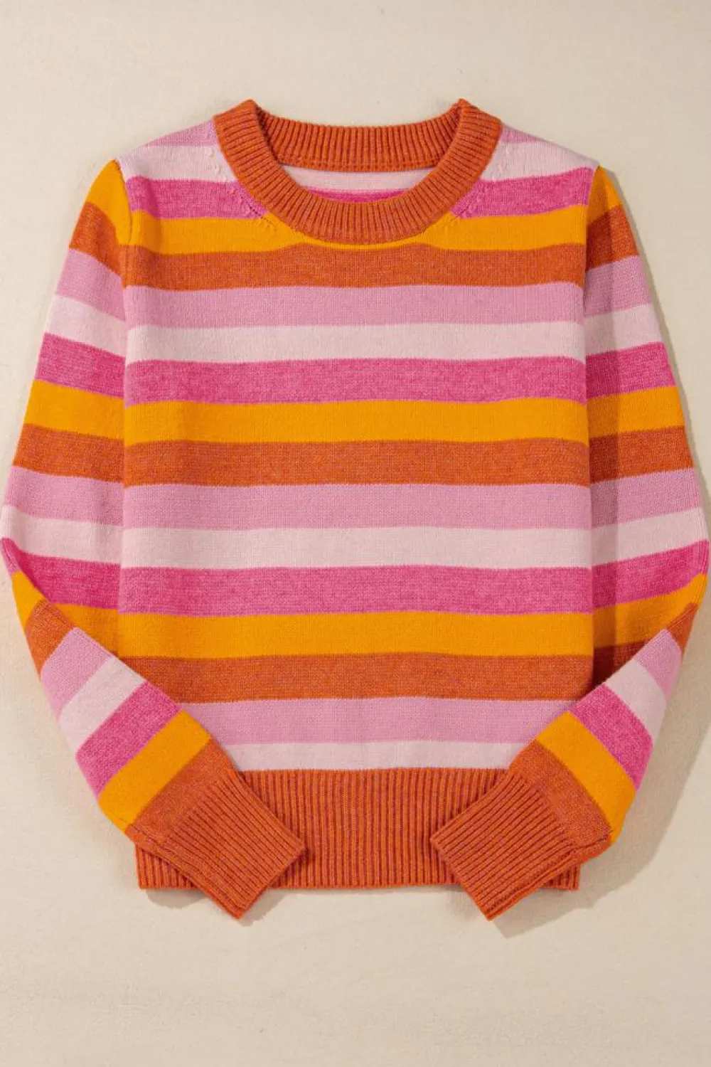 Hot Dear-Lover Color Block Ribbed Edge Round Neck Sweater Orange