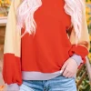 Fashion Dear-Lover Color Block Side Slits Raglan Sleeve Loose Fit Top Orange