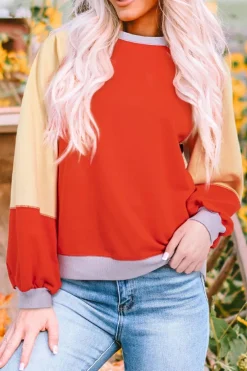Fashion Dear-Lover Color Block Side Slits Raglan Sleeve Loose Fit Top Orange