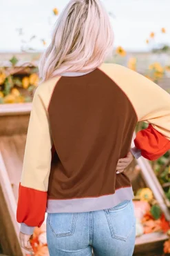 Fashion Dear-Lover Color Block Side Slits Raglan Sleeve Loose Fit Top Orange