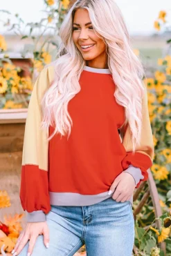Fashion Dear-Lover Color Block Side Slits Raglan Sleeve Loose Fit Top Orange