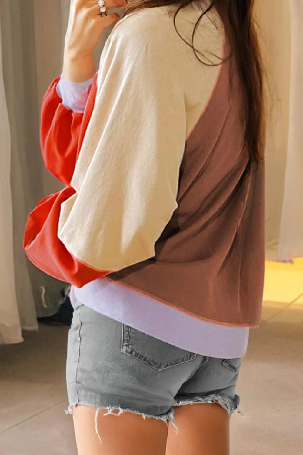 Fashion Dear-Lover Color Block Side Slits Raglan Sleeve Loose Fit Top Orange