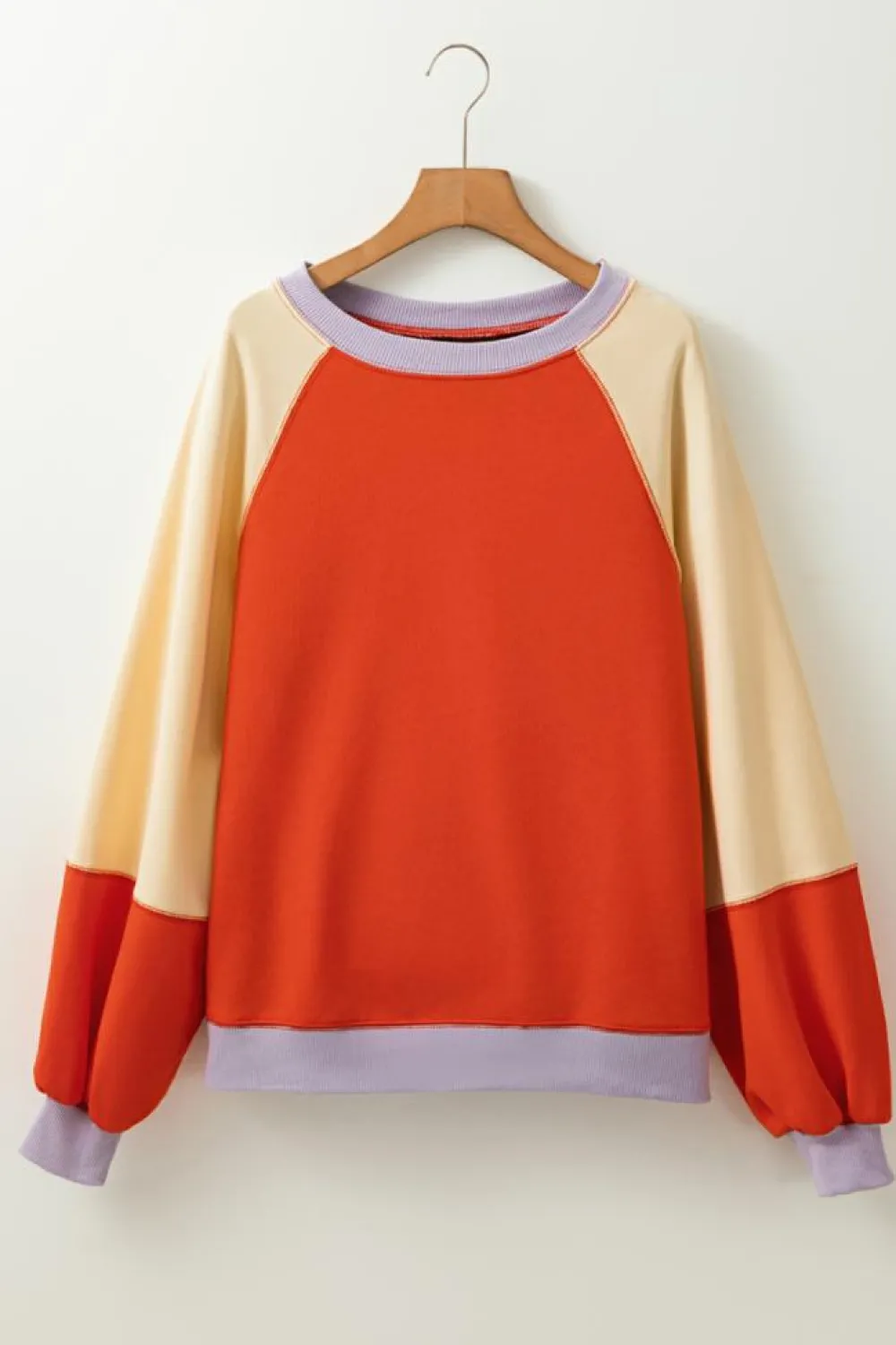 Fashion Dear-Lover Color Block Side Slits Raglan Sleeve Loose Fit Top Orange
