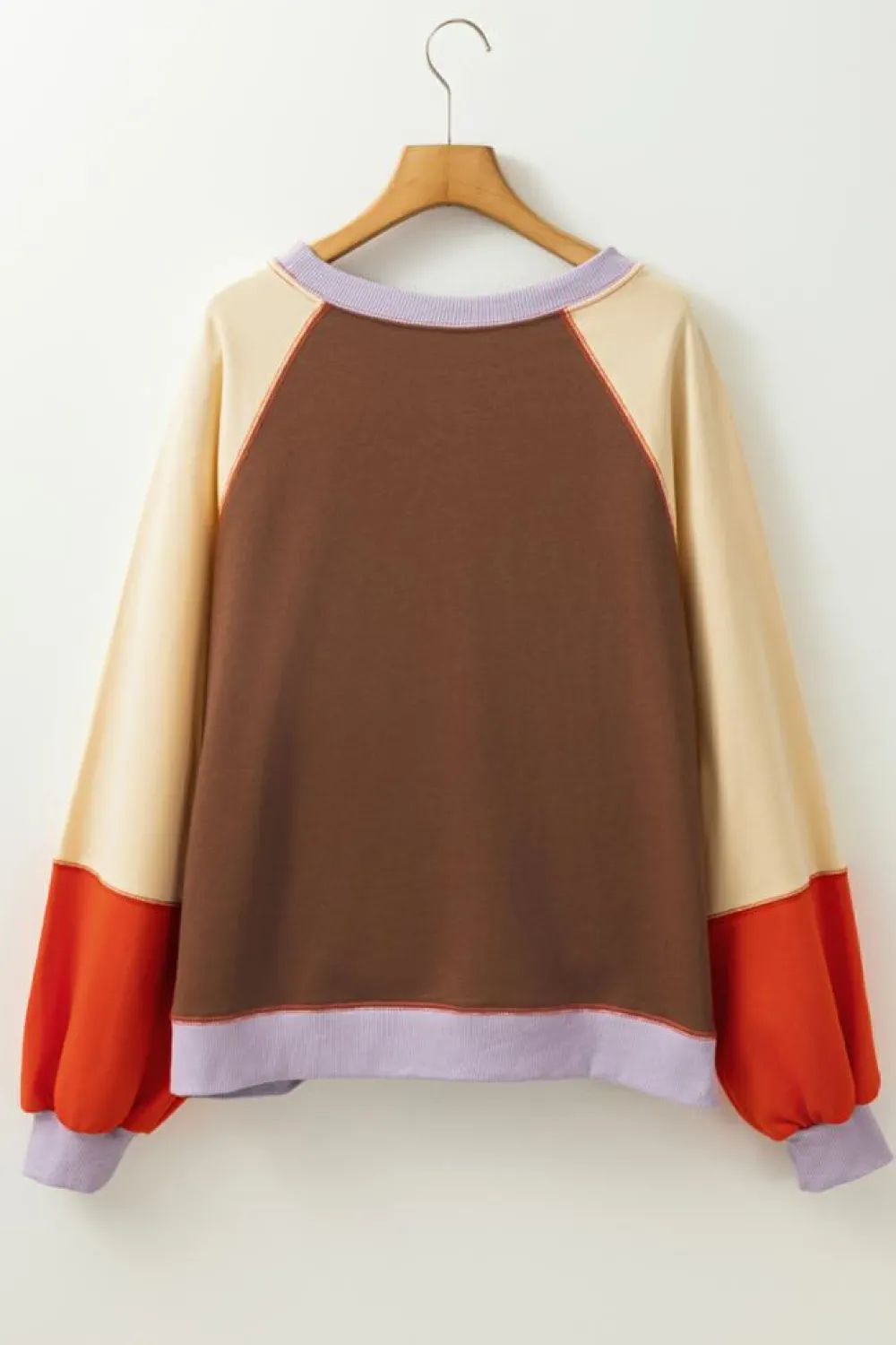 Fashion Dear-Lover Color Block Side Slits Raglan Sleeve Loose Fit Top Orange