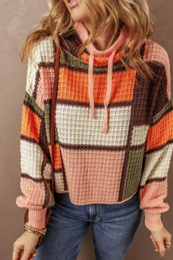 Discount Dear-Lover Color Block Waffle Knit Drawstring Mock Neck Sweater Orange