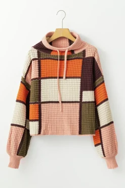 Discount Dear-Lover Color Block Waffle Knit Drawstring Mock Neck Sweater Orange