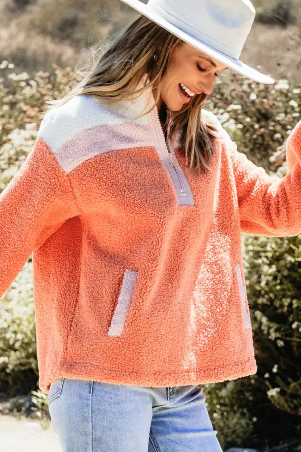 Online Dear-Lover Colorblock Half Zipper Stand Neck Sherpa Sweatshirt Orange