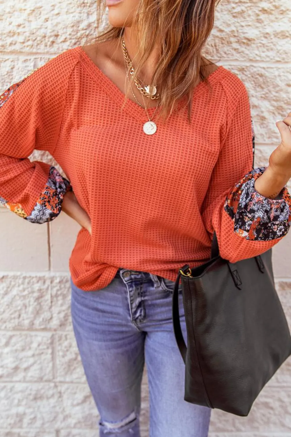 Fashion Dear-Lover Contrast Eyelet Thermal Knit Top Orange