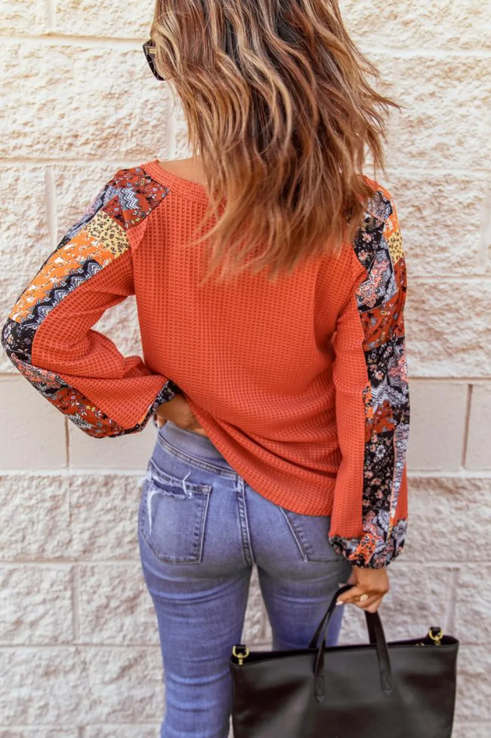 Fashion Dear-Lover Contrast Eyelet Thermal Knit Top Orange