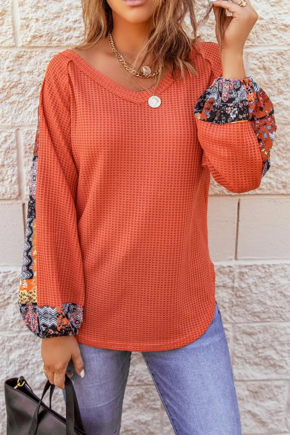 Fashion Dear-Lover Contrast Eyelet Thermal Knit Top Orange