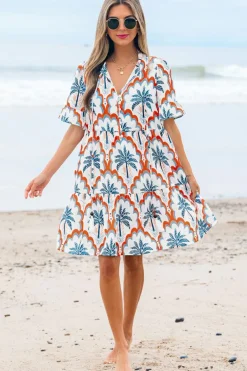 Clearance Dear-Lover Contrast Palm Tree Printed Short Sleeve Flowy Dress Orange