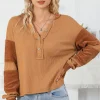 Fashion Dear-Lover Contrast Patched Exposed Seam Waffle Knit Henley Top Orange