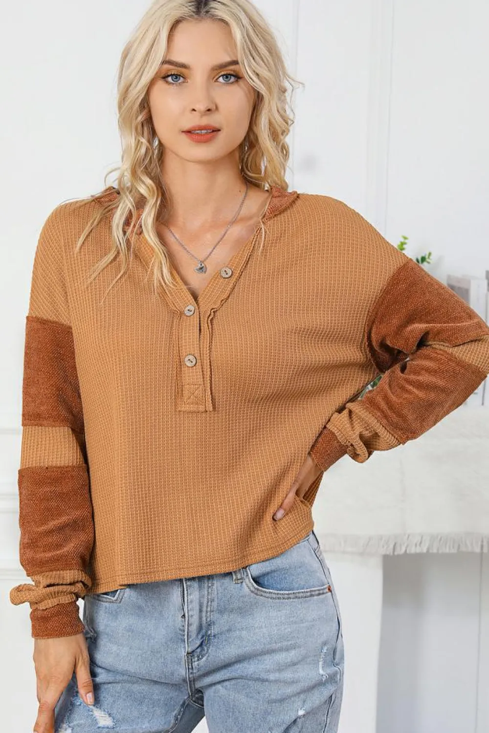 Fashion Dear-Lover Contrast Patched Exposed Seam Waffle Knit Henley Top Orange