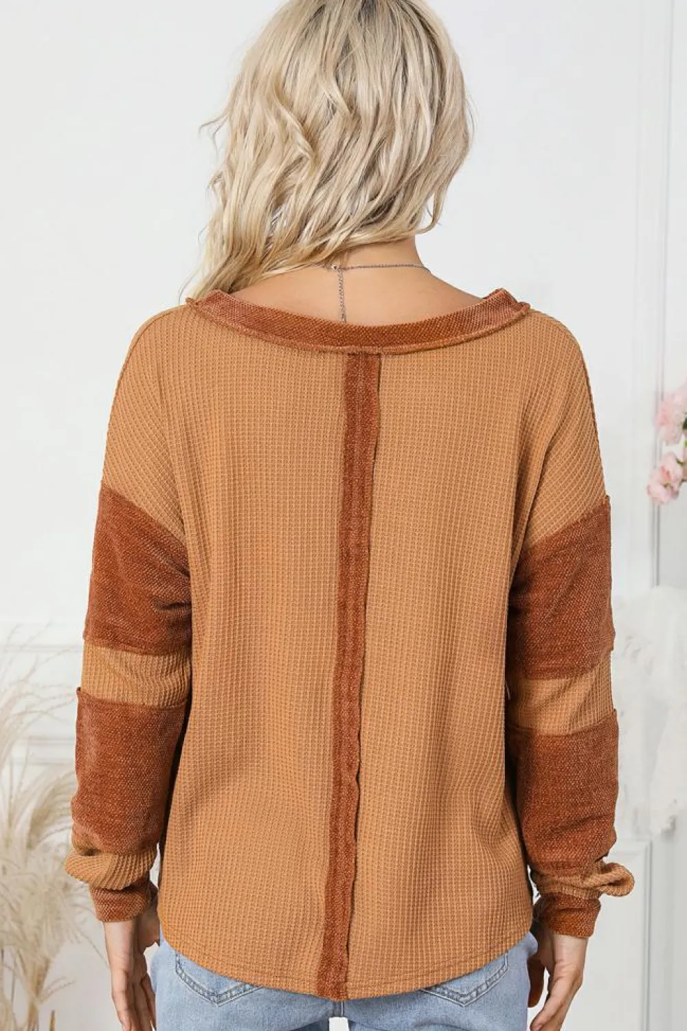 Fashion Dear-Lover Contrast Patched Exposed Seam Waffle Knit Henley Top Orange