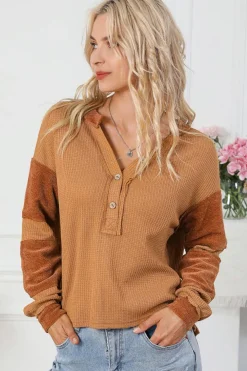 Fashion Dear-Lover Contrast Patched Exposed Seam Waffle Knit Henley Top Orange