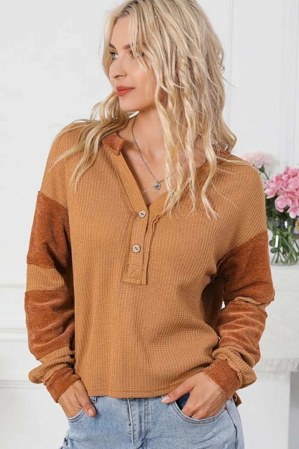 Fashion Dear-Lover Contrast Patched Exposed Seam Waffle Knit Henley Top Orange