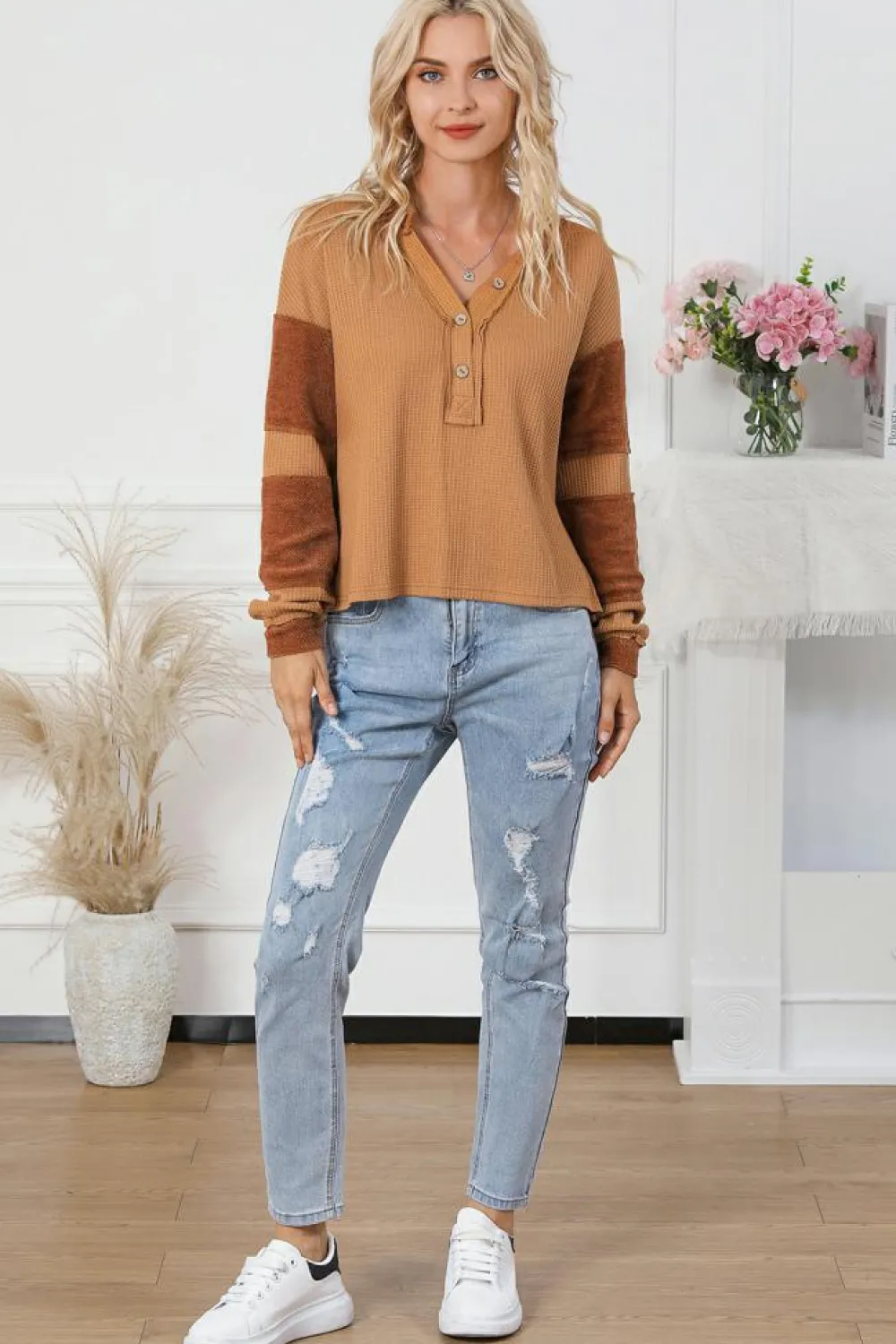 Fashion Dear-Lover Contrast Patched Exposed Seam Waffle Knit Henley Top Orange