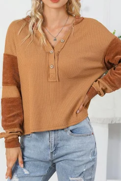 Fashion Dear-Lover Contrast Patched Exposed Seam Waffle Knit Henley Top Orange