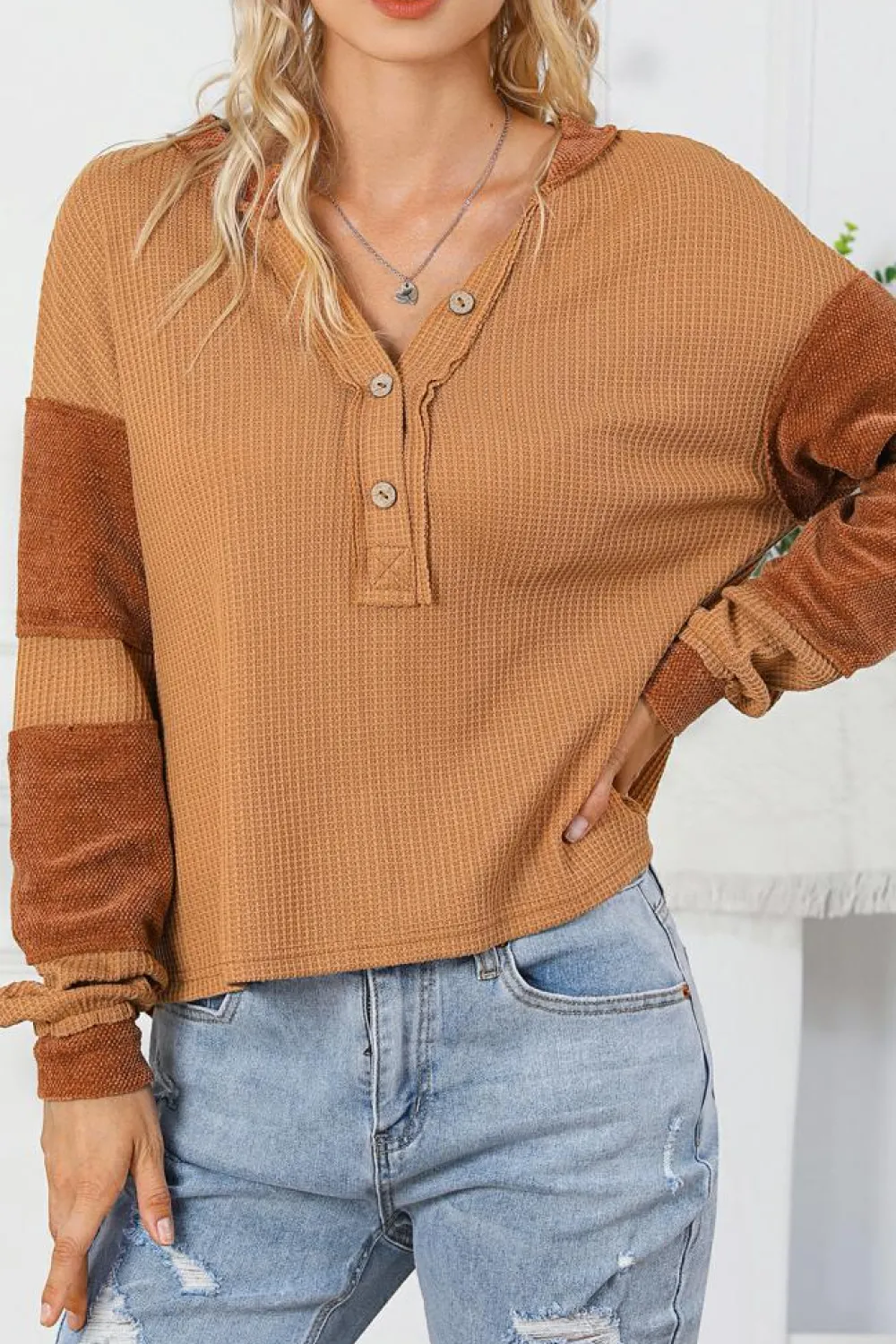 Fashion Dear-Lover Contrast Patched Exposed Seam Waffle Knit Henley Top Orange