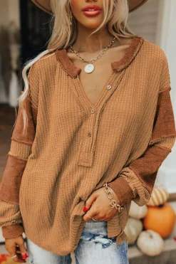Fashion Dear-Lover Contrast Patched Exposed Seam Waffle Knit Henley Top Orange