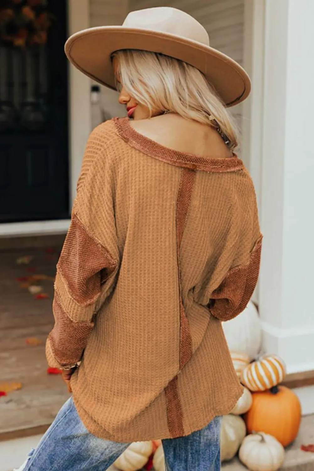 Fashion Dear-Lover Contrast Patched Exposed Seam Waffle Knit Henley Top Orange
