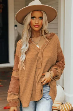 Fashion Dear-Lover Contrast Patched Exposed Seam Waffle Knit Henley Top Orange