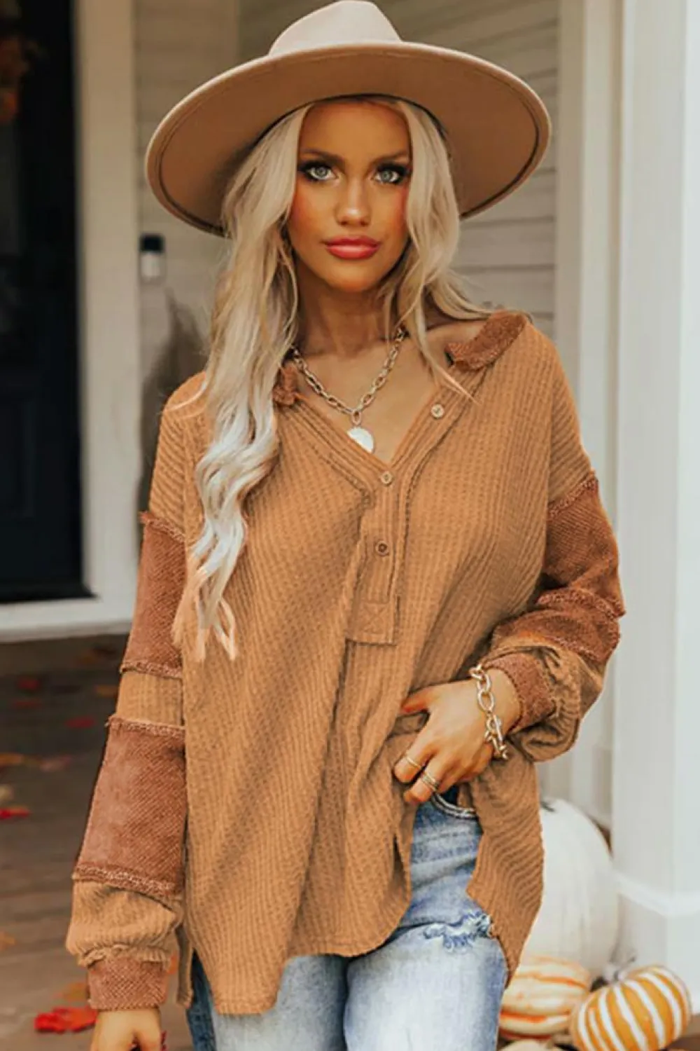 Fashion Dear-Lover Contrast Patched Exposed Seam Waffle Knit Henley Top Orange