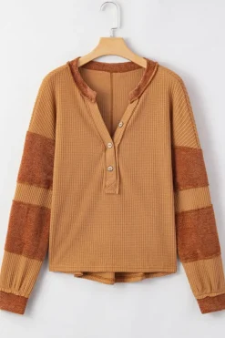 Fashion Dear-Lover Contrast Patched Exposed Seam Waffle Knit Henley Top Orange
