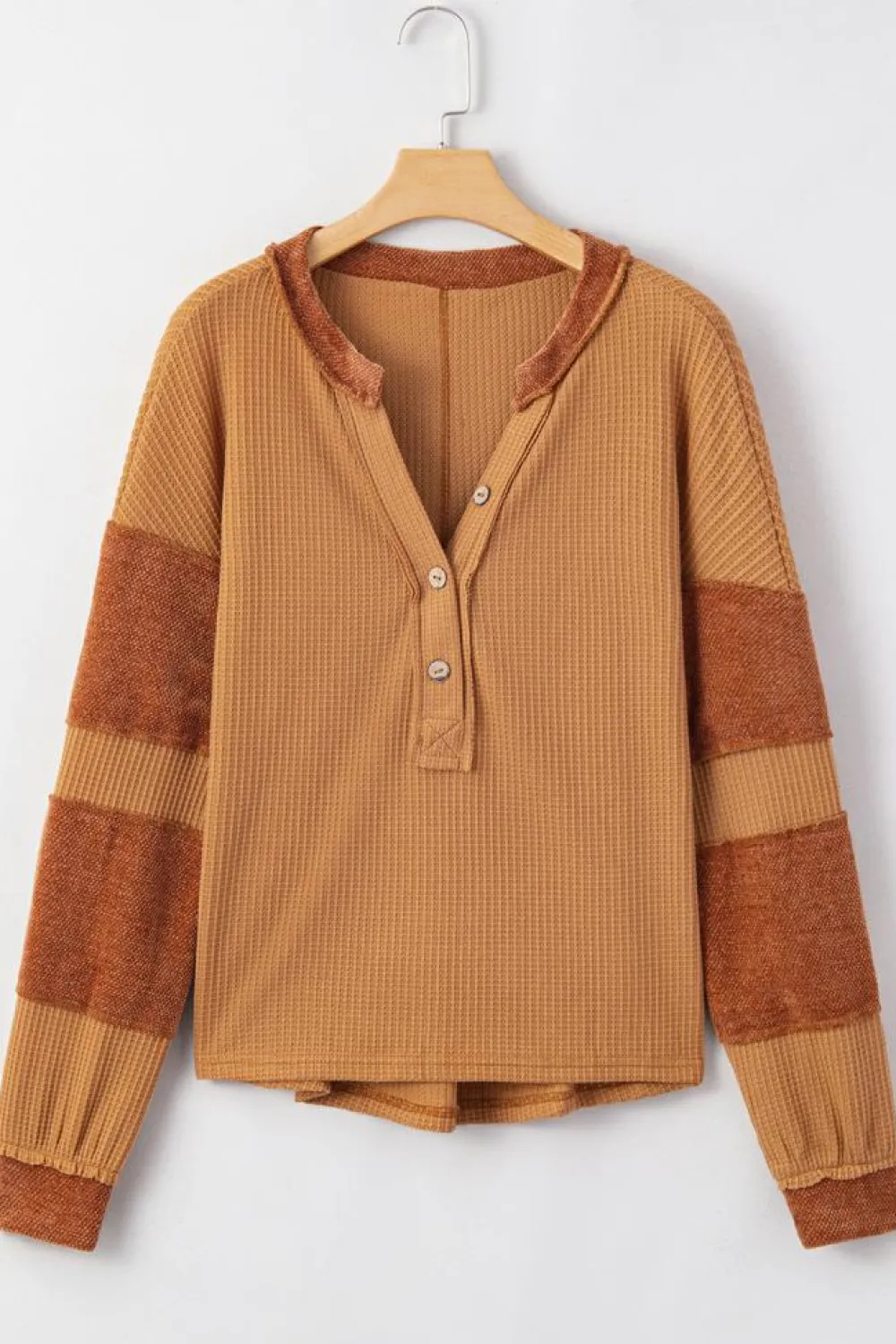 Fashion Dear-Lover Contrast Patched Exposed Seam Waffle Knit Henley Top Orange