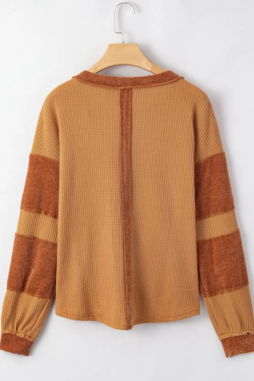 Fashion Dear-Lover Contrast Patched Exposed Seam Waffle Knit Henley Top Orange