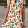 Discount Dear-Lover Contrast Trim Floral Split Neck Puff Short Sleeve Tiered Mini Dress Orange