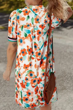 Discount Dear-Lover Contrast Trim Floral Split Neck Puff Short Sleeve Tiered Mini Dress Orange