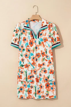 Discount Dear-Lover Contrast Trim Floral Split Neck Puff Short Sleeve Tiered Mini Dress Orange