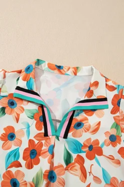 Discount Dear-Lover Contrast Trim Floral Split Neck Puff Short Sleeve Tiered Mini Dress Orange