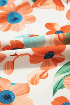 Discount Dear-Lover Contrast Trim Floral Split Neck Puff Short Sleeve Tiered Mini Dress Orange