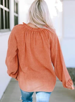 Hot Dear-Lover Crinkle Textured Frill Split Neck Puff Sleeve Blouse Orange