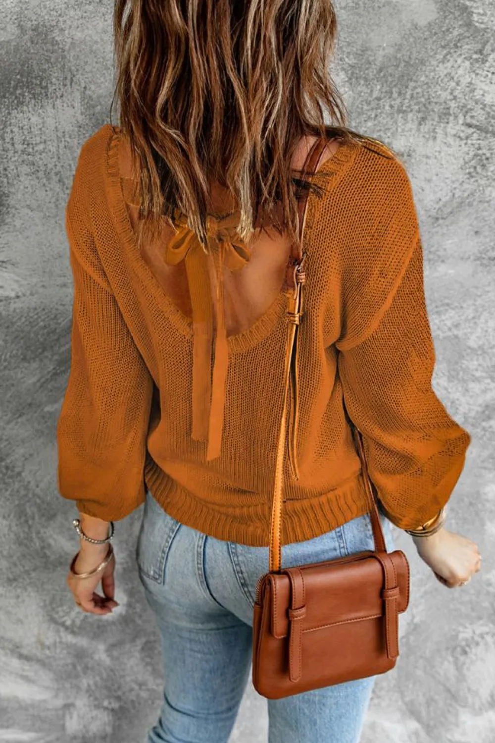 Hot Dear-Lover Drop Shoulder Back Cut-out Sweater with Tie Orange