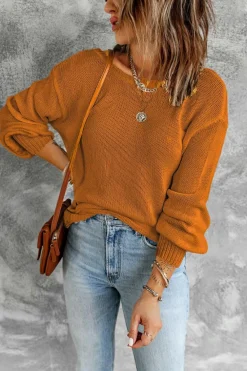 Hot Dear-Lover Drop Shoulder Back Cut-out Sweater with Tie Orange
