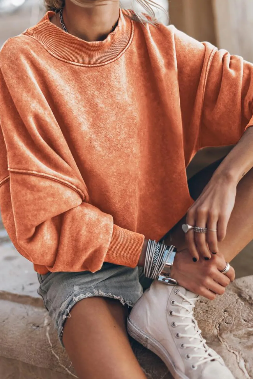 Sale Dear-Lover Drop Shoulder Crew Neck Pullover Sweatshirt Orange