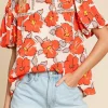 Outlet Dear-Lover Floral Bubble Sleeve Frill Neck Loose Blouse Orange