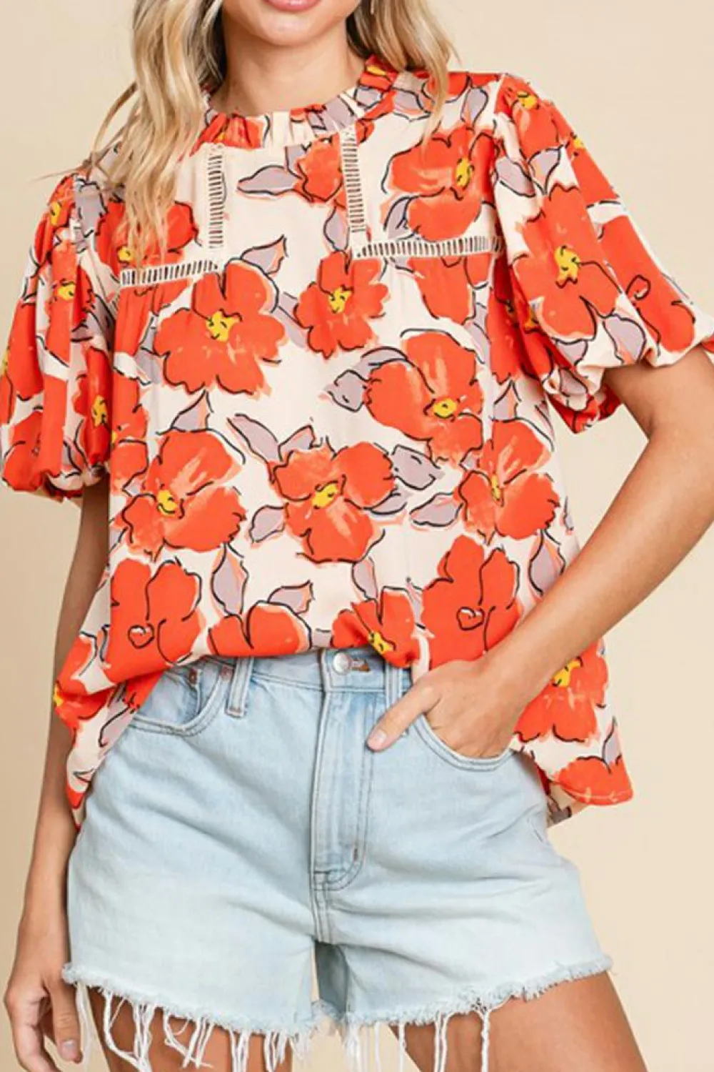 Outlet Dear-Lover Floral Bubble Sleeve Frill Neck Loose Blouse Orange