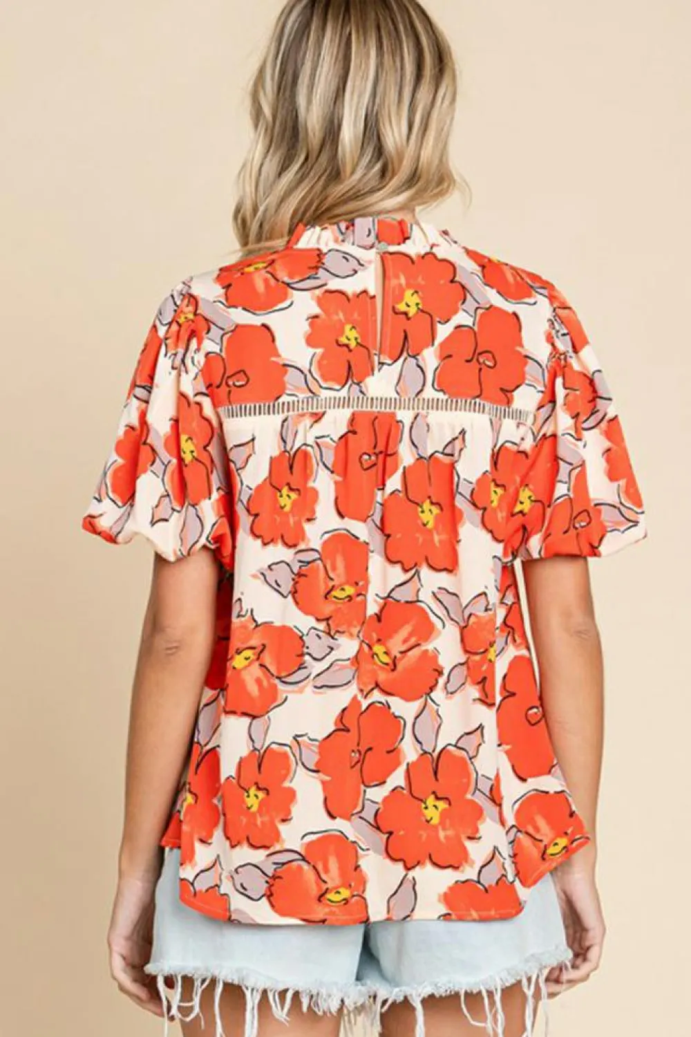 Outlet Dear-Lover Floral Bubble Sleeve Frill Neck Loose Blouse Orange