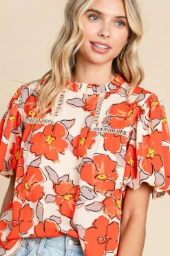 Outlet Dear-Lover Floral Bubble Sleeve Frill Neck Loose Blouse Orange
