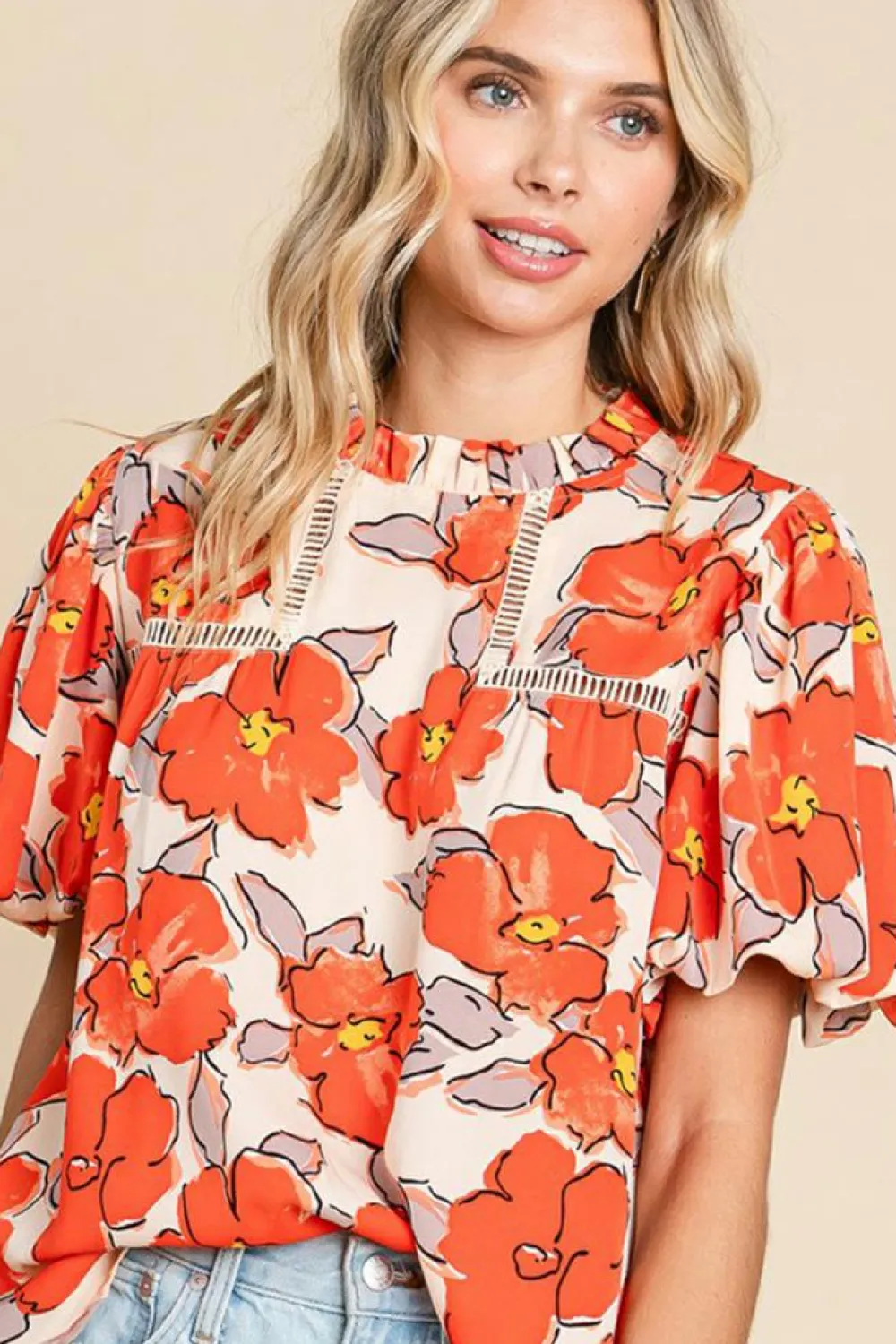 Outlet Dear-Lover Floral Bubble Sleeve Frill Neck Loose Blouse Orange