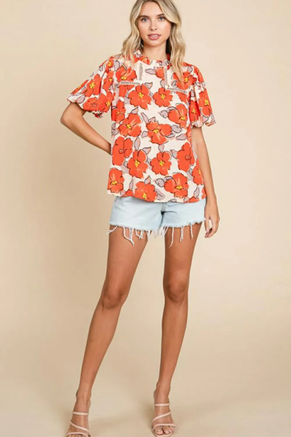 Outlet Dear-Lover Floral Bubble Sleeve Frill Neck Loose Blouse Orange