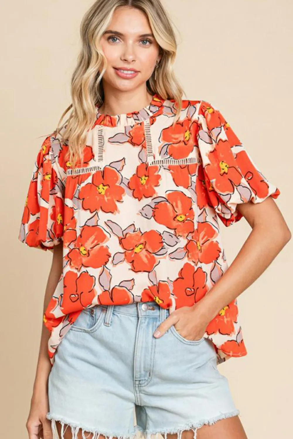 Outlet Dear-Lover Floral Bubble Sleeve Frill Neck Loose Blouse Orange