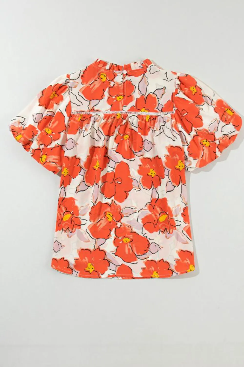 Outlet Dear-Lover Floral Bubble Sleeve Frill Neck Loose Blouse Orange